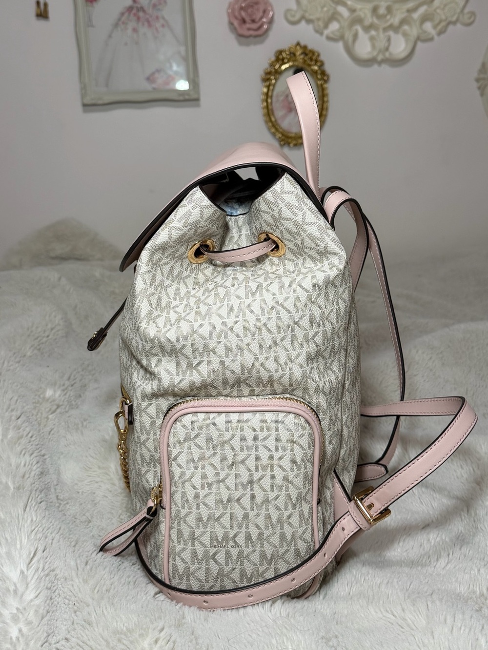 Michael Kors Jet Set Pink & Beige Signature Backpack with Gold Chain - Picture 5 of 9